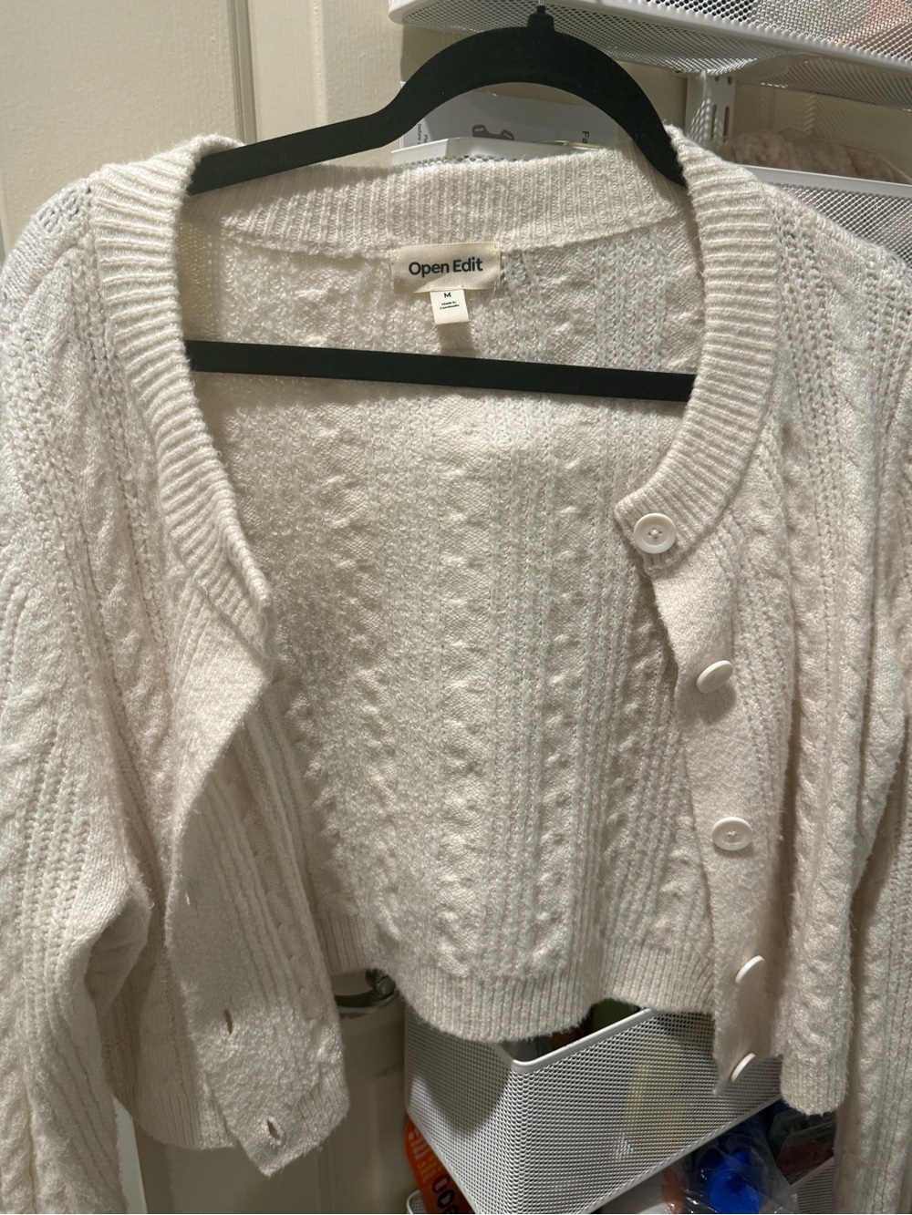 Open Edit Women's Cream Button-Front Knit Crop Cardigan